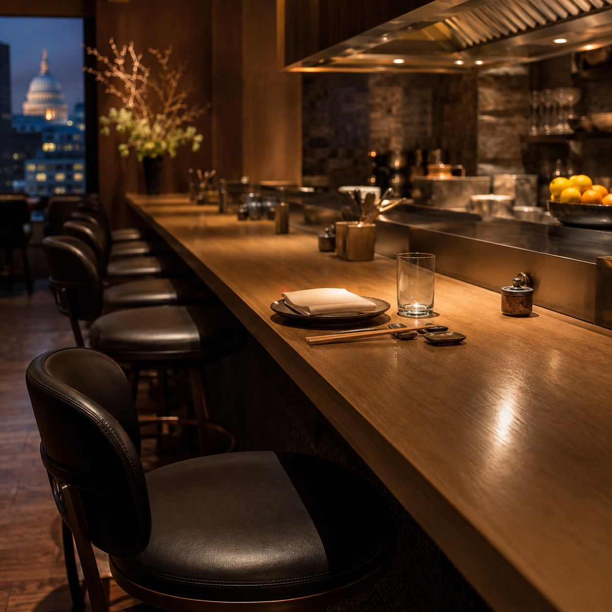 A restaurant counter set for one, with St Paul’s Cathedral visible through the window.